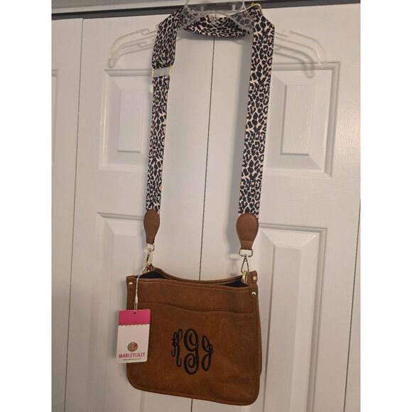 New Marleylilly Ivory Leopard Brown Faux Leather Monogrammed Crossbody Bag Purse - Picture 1 of 16